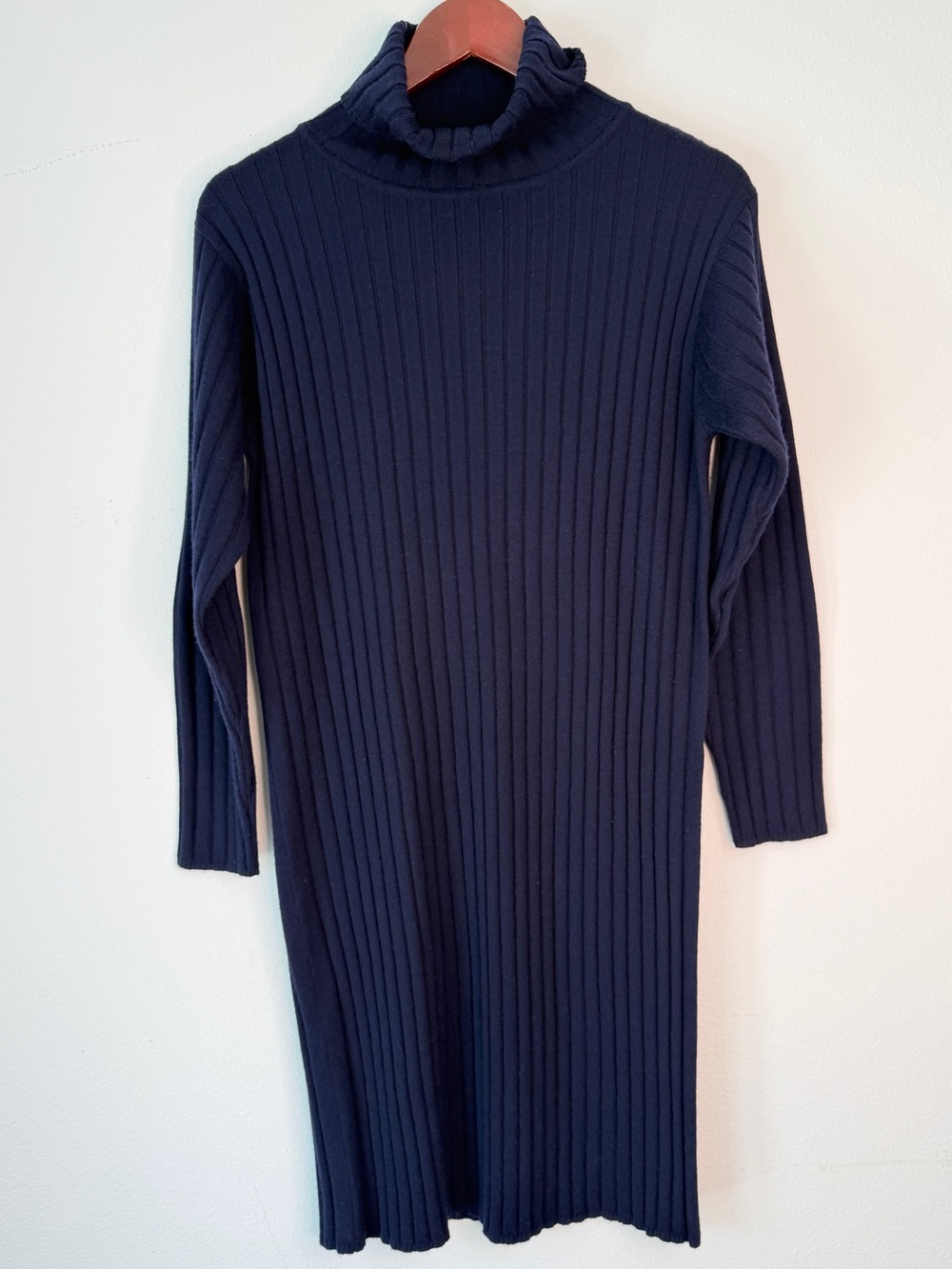 Vintage 90's Apart 100% Merino Wool Sweater Dress Turtleneck Navy Ribbed Knit